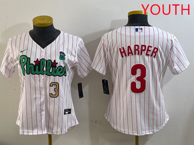 Youth Philadelphia Phillies #3 Harper White Stripe Second generation joint name 2025 Nike MLB Jersey style 4->youth mlb jersey->Youth Jersey